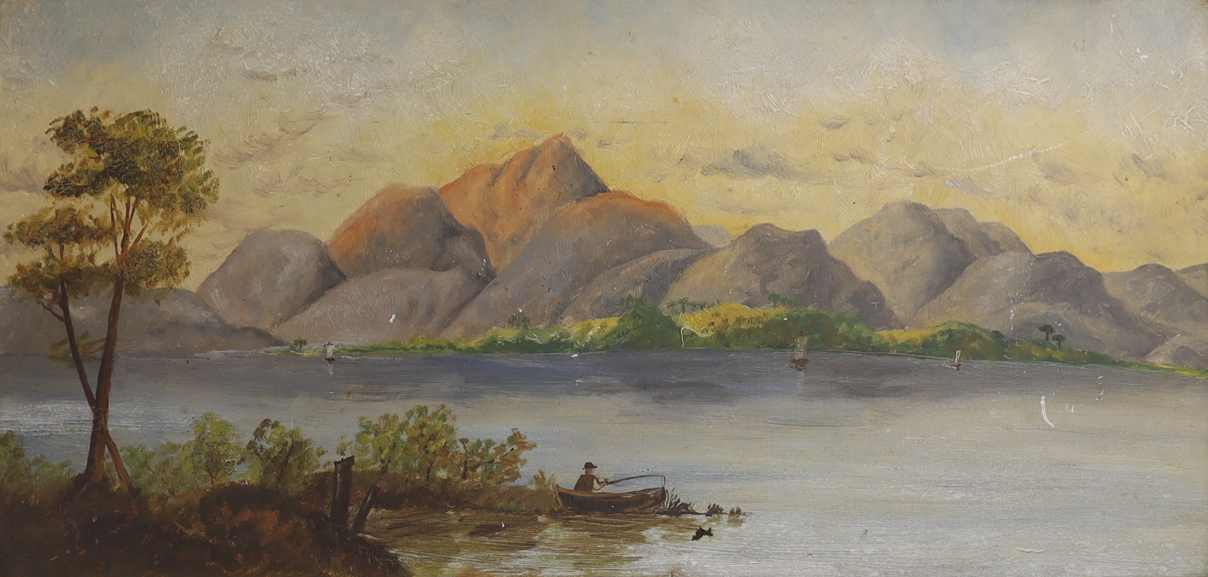 English School circa 1900, oil on board, Angler upon a loch, 23 x 45cm